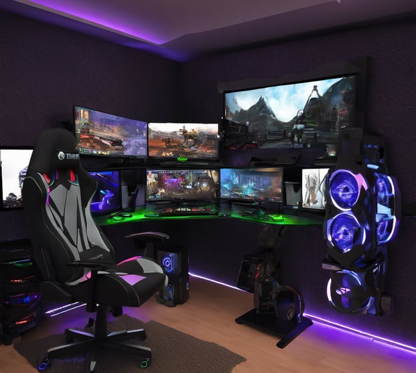 setup gaming avec écran gaming, des rgb, et des pc gaming