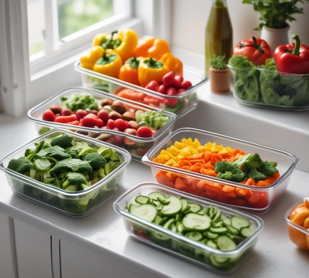 a variety of vegetables and fruits in containers