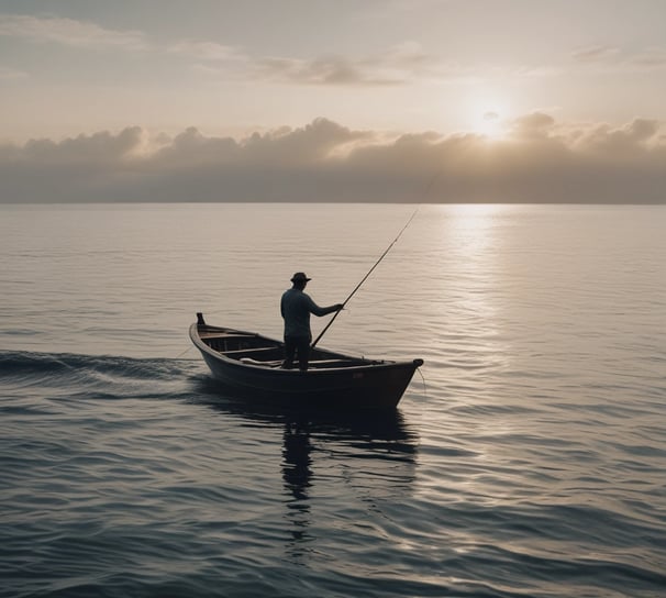 A person is standing waist-deep in a calm body of water while holding a fishing rod. They are wearing a wide-brimmed hat and are casting a line into the water. In the distance, a line of trees separates the water from the clear blue sky. A blue fishing basket floats nearby.