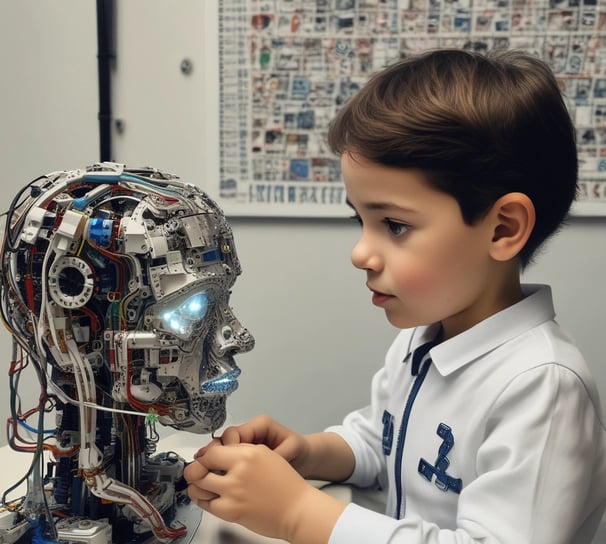 A young child with a backpack holds hands with a humanoid robot adorned with pink flowers and equipped with a tablet on its chest. They are standing in what appears to be a busy market or shopping area with bright, blurred lights and people in the background.