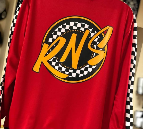 racing-style logo and checkered sleeve print – personalized apparel by Stitch & Thread Co.