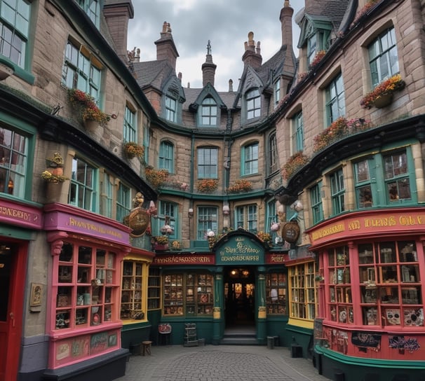 A collection of seven books from the Harry Potter series is displayed on a fluffy white surface. Each book has a colorful and distinct cover design. A wand is placed in front of the books, creating a magical theme.