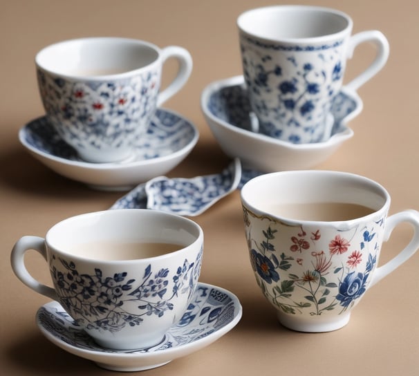 Elegant porcelain teacups and saucers adorned with intricate floral patterns in vibrant colors are displayed. The fine china features gold accents highlighting the exquisite craftsmanship.