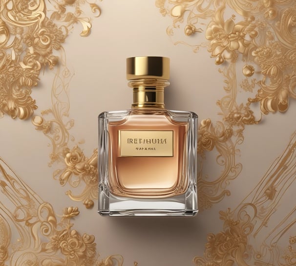 Two luxurious perfume bottles with golden fluid are placed on an ornate gold dish, which also holds a delicate bracelet with gemstones. In the background, a magazine cover is visible, featuring a model in a mesh-patterned dress.