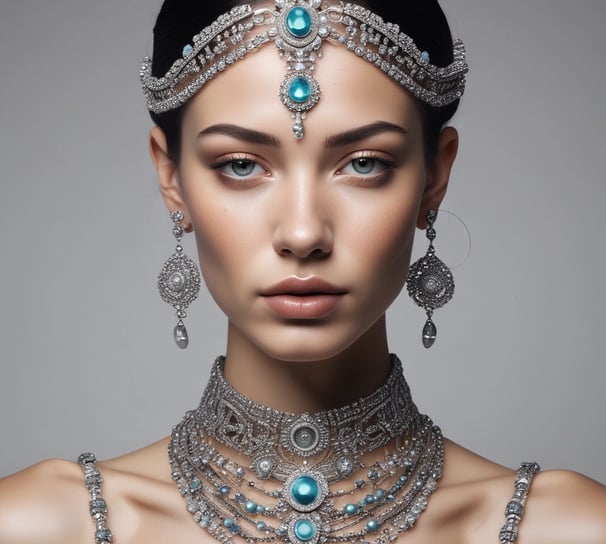 A silver-colored perfume bottle with a reflective surface is placed on a textured brown surface. Beside it, there is a pair of ornate, circular earrings with intricate detailing, as well as a matching pendant with a chain.