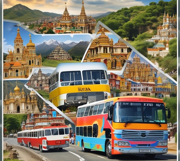A blue coach bus with Krisa travel agency branding is crossing a narrow stone bridge