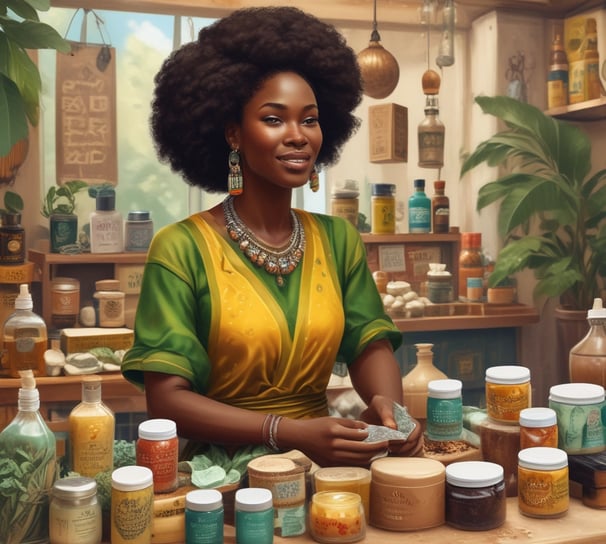A market stall displaying an array of natural hair and skincare products, including bottles, jars, and soap bars. Promotional signs indicate offerings such as natural hair treatments, sprays, and soap. The products are neatly arranged on wooden blocks and layered fabric, with a variety of colors and branding labels visible.