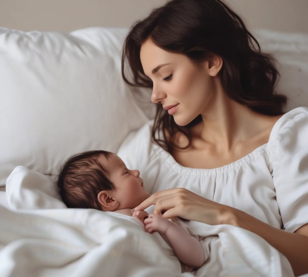 A close-up view of a pregnant person in a light-colored sweater, with a pair of hands with red painted nails gently resting on the belly, suggesting a connection or support. Another pair of hands is placed closely below, clasping the first pair.