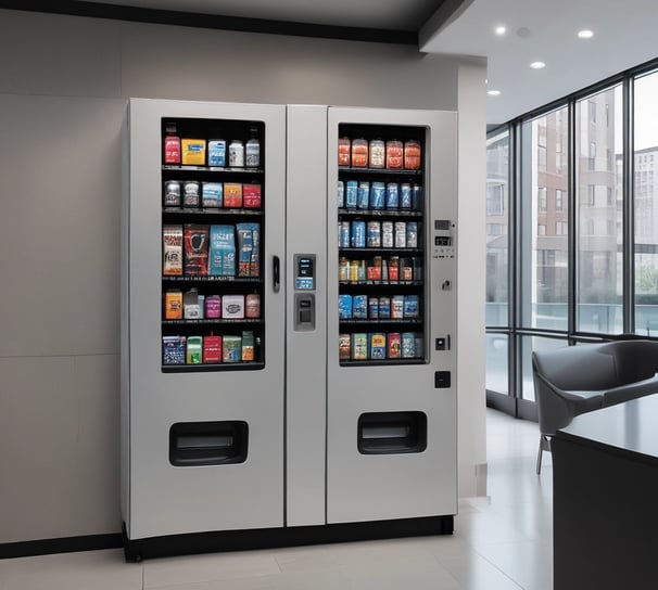 Two vending machines are placed side by side under a sheltered area. The machine on the left is white, stocked with beverages, and displays various drinks through a glass front. The right machine is orange with visible branding, also filled with bottles and cans. Some people are walking in the background near a fenced pathway.