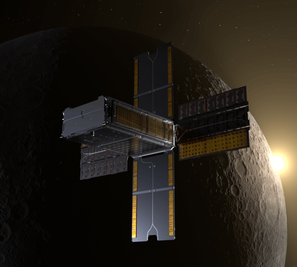 3D rendering of the BioSentinel Craft in space passing by the Moon