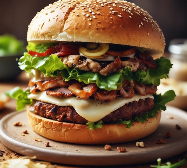 A gourmet sandwich featuring a large, juicy burger patty topped with melted cheese, crispy fried onions, and fresh lettuce, all between two toasted sesame-seed bread slices. The sandwich is placed on a lined tray, set against a dark background.