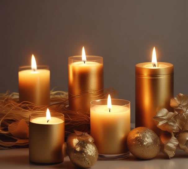 Four scented candles in jars are arranged in a row on a wooden table. Each jar is labeled with a different fragrance, including Fresh Mahogany, Sweet Pumpkin Pie, Amber, and Cedar And Saffron. The background features a wicker sofa and a brick wall.
