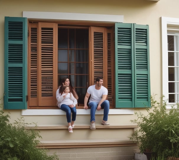 a family sitting in front of their exterior shutters