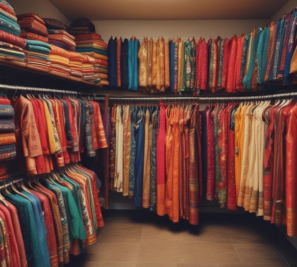 A variety of colorful fabrics and garments hang together, showcasing intricate patterns and a mix of textures. The textiles include floral designs, geometric patterns, and embroidery, featuring shades of blue, pink, gold, and teal.