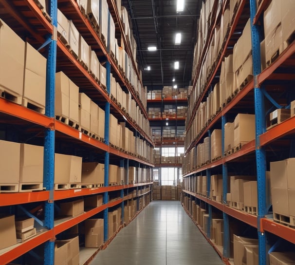 A large warehouse with high shelves stacked with boxes and packages. The shelves are metallic and color-coded in orange. The floor is wide and clear, allowing movement for forklifts or workers. The ceiling is high with industrial lighting.