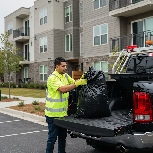A man putting a trash bag into the back of a black pickup truck during valet trash service.
