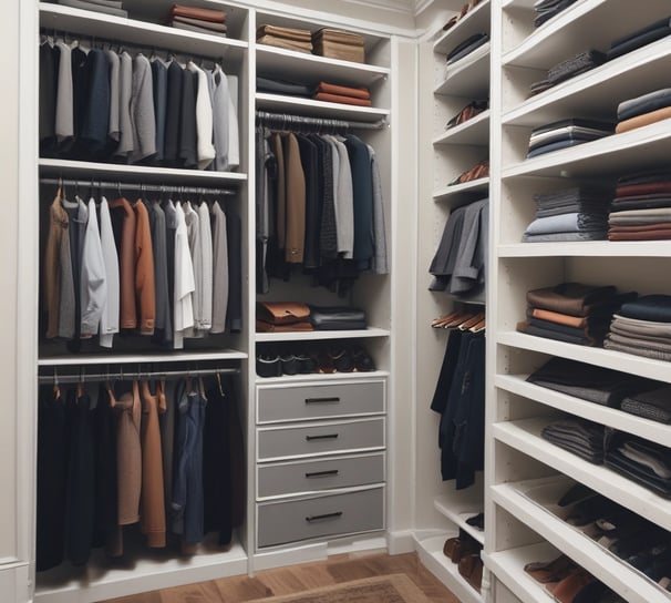 A neatly organized clothing store featuring a variety of colorful clothing items displayed on hangers and shelves. A central wooden table showcases folded garments with vibrant colors. The walls have posters and more hanging clothes. The store has a modern, minimalist aesthetic with a bright and clean interior.