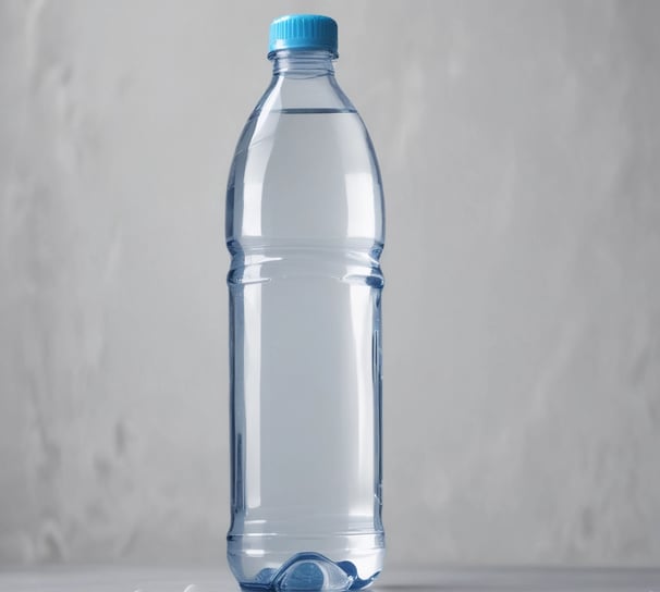 Large water bottles with blue and green caps are placed in the back of a white vehicle, possibly a truck. In the background, there are white vans parked on a road, with trees and a stone wall lining the side of the street.