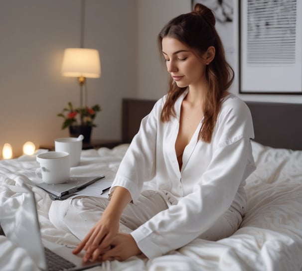 Various wellness and beauty products, including oils in bottles, a bowl of oil, dried flowers, crystals, a smudge stick, and a small dish of cream, are arranged aesthetically on a light surface. The scene is decorated with colorful flowers and herbs.