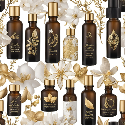 a variety of fragrance oil products in gold cap amber bottles