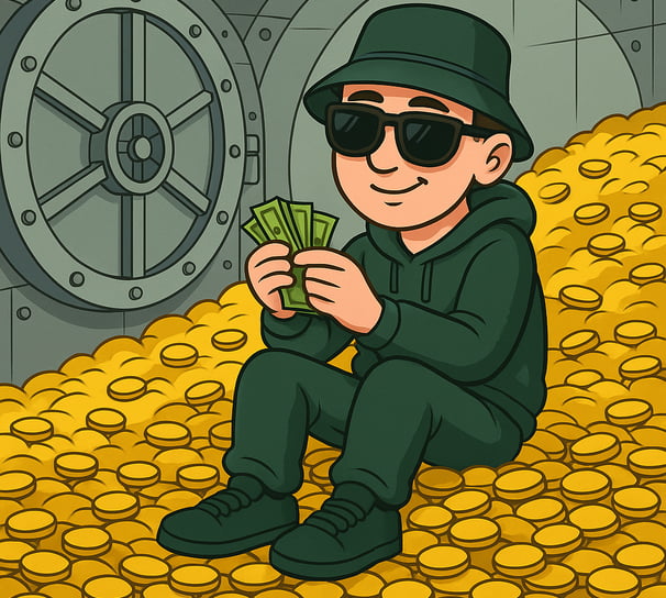 Hustensaft Jüngling in einem überdimensionalen Geldspeicher, umgeben von Goldmünzen und Geldscheinen. Die Figur sitzt entspan