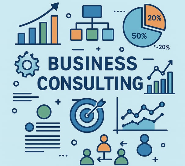 Business Consulting graphic with charts and graphs