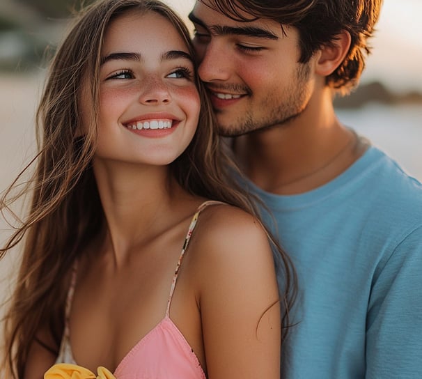 Fotografia de una pareja de adolscentes sonriendo y abrazandose en la playa 