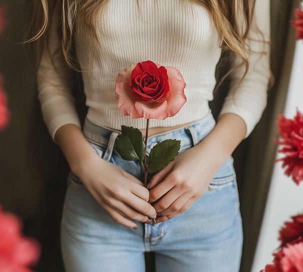 Fotografía de unaniña sosteniendo una rosa roja frente a su vientre 