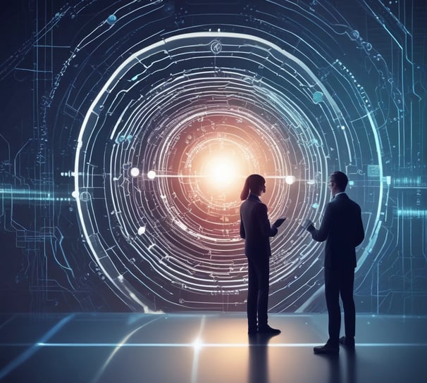 a man and woman standing in front of a large circular object
