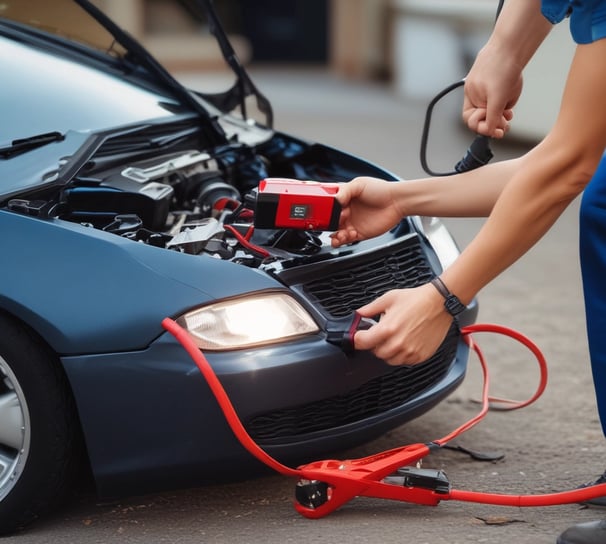 A portable power station with a pink and white casing is placed on a car seat. A person's hand is holding its handle. The device has multiple outlets and a digital display showing power metrics. A cable is plugged into the input socket.