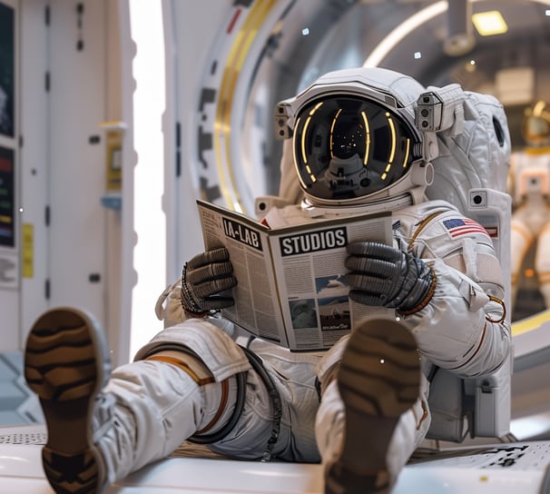 alt="un astronauta sentado en el baño leyendo la revista IA LAB Studio">