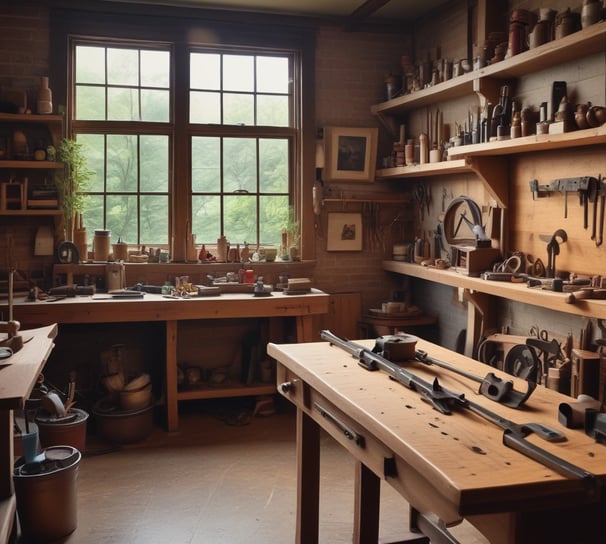 A traditional woodworking shop with a variety of tools and benches, lit by natural light streaming through windows. Tools such as saws, hammers, and chisels are organized on shelves and wooden benches, and a wooden floor is covered with wood shavings.