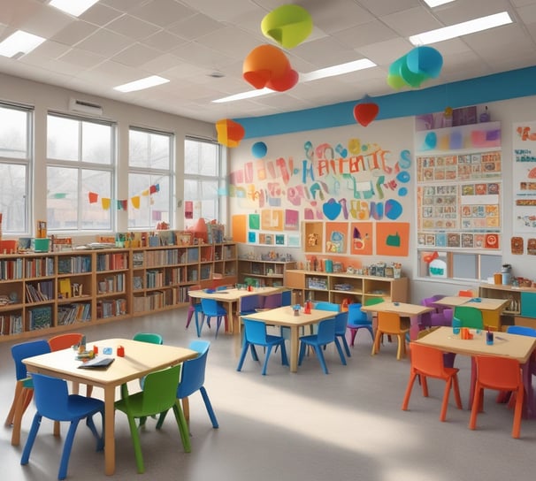 A colorful classroom corner decorated with educational materials and artwork. A tree made of brown paper with a bright yellow paper sun on a blue background. Alphabet letters displayed on a board with multicolored magnets. Several educational posters feature drawings and letters, and a plush toy lies on a white shelf. Various cut-out images and decorations create a child-friendly and engaging learning environment.