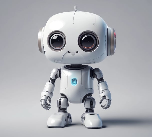 A small, white humanoid robot with blue accents, including eyes, mouth, and a circular badge with the letters 'AI' on its chest, is positioned in front of a blue laptop on a metallic surface. The robot has a simple, smooth design with two cylindrical arms and a small antenna on top.