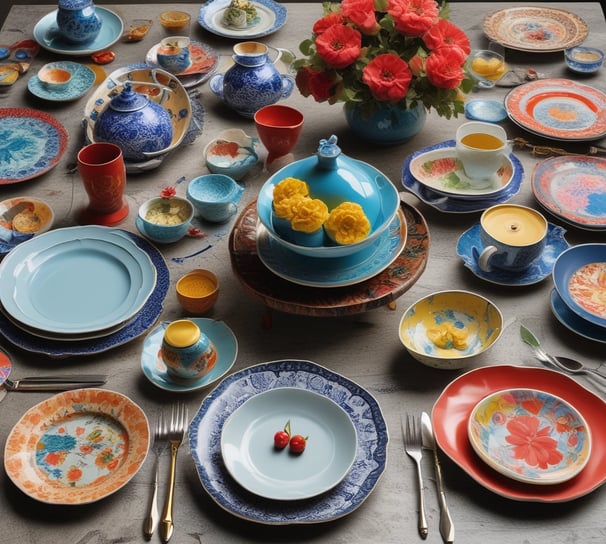 Various handcrafted ceramic cups, mugs, and spoons are displayed on a checkered tablecloth. The ceramics feature colorful designs, including floral patterns, polka dots, and whimsical shapes. Some cups have handles in unique shapes, and a small price tag is visible among the items.