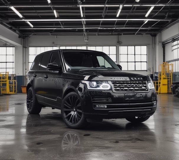 A close-up view of the rear end of a high-performance luxury car with a glossy black finish and a distinctive logo on the back. The car features a sleek tail light that runs across the width of the vehicle. Below the tail light, there is a license plate with a 'GYEON Certified Detailer' logo and another logo that indicates the car has undergone a specialized makeover. The interior setting suggests a high-end detailing shop or garage with warm lighting and modern fixtures in the background.