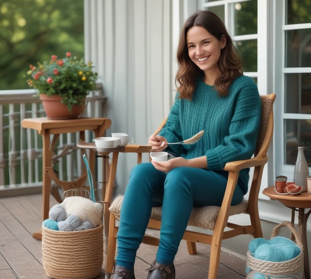 A woman is engaged in crafting, holding a small handmade doll or textile item. She appears focused and calm, surrounded by other colorful objects and fabrics on a table. The background is an outdoor setting with trees, suggesting a natural environment.