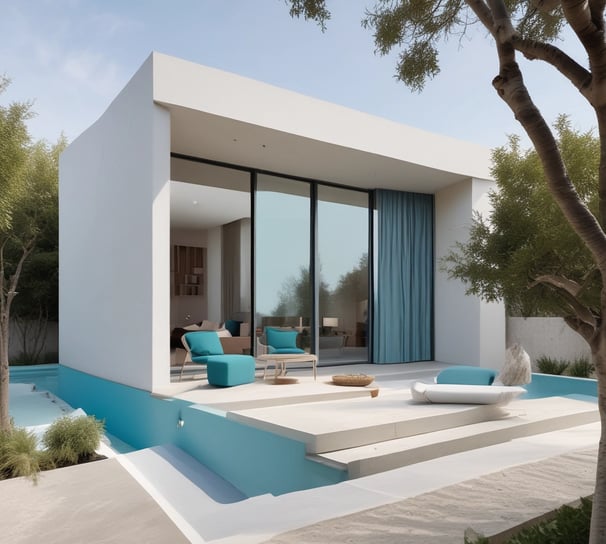 A rustic wooden building houses a laundromat with signs for wash, dry, and fold services. The signage prominently features red and blue text. Red cloth pieces are attached to antennas on the roof. The contrast between the blue sky, white clouds, and green foliage creates a quaint atmosphere.