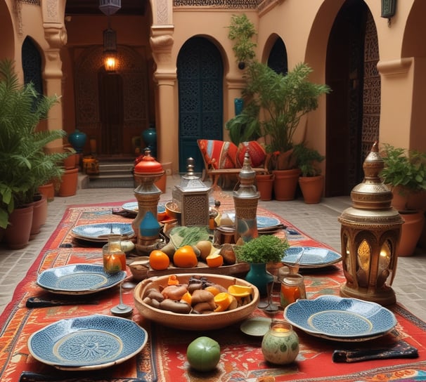 A gold-toned tray is set against a geometrically patterned tile wall. On the tray, two tagine pots are present, one green and one pink, containing a lentil dish and a seasoned dish respectively. A piece of flatbread is placed alongside a wooden spoon, all resting on a black fabric with white patterns.