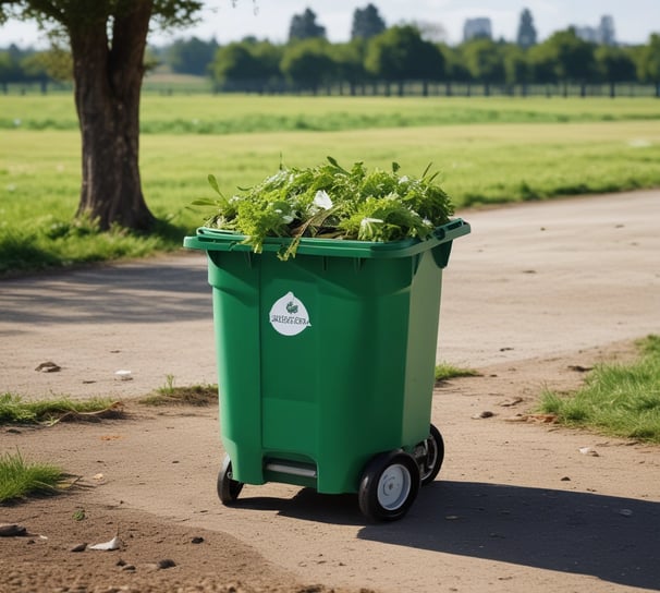 A person is pushing a large green waste bin with 'businesswaste.co.uk' and a phone number printed on the side. The bin has four wheels and is positioned in a dimly lit space with a wall of cinder blocks in the background.