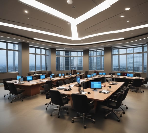 A conference room with a long wooden table surrounded by chairs covered in protective plastic. Multiple computer monitors are placed on tables against the walls, each displaying nature-themed images. The walls are lined with wood paneling, and a sign indicating a center for artificial intelligence is displayed at the front. There are decorative flower arrangements on the table, and the overall setup suggests a professional environment.