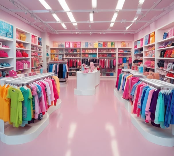 A spacious retail store with bright lighting and neatly arranged clothing and footwear displays. Mannequins wearing children's outfits are prominently featured in the foreground, while various clothes and shoes are organized on racks and shelves throughout the store. People are seen browsing and shopping in the background, adding a lively atmosphere to the setting.