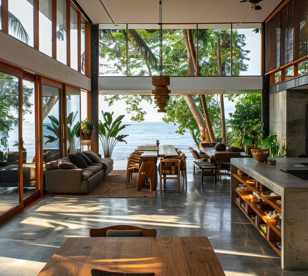 Interior de residencia tropical frente al mar con diseño abierto y materiales naturales en la Rivier