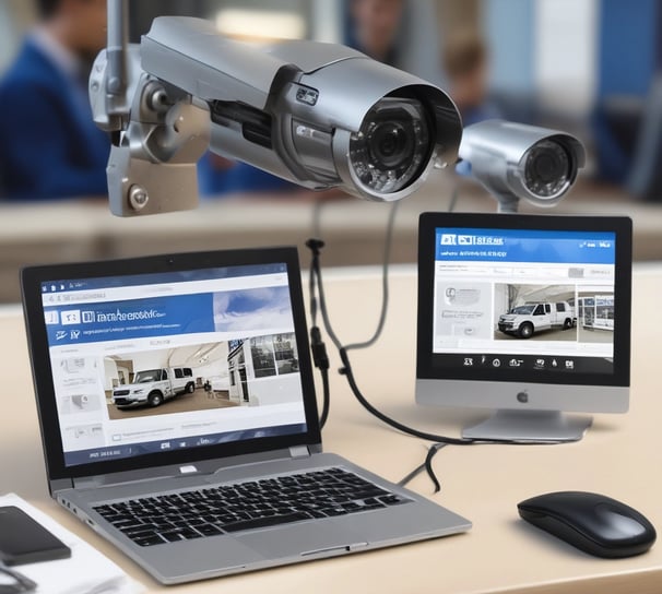 A modern white security camera with a sleek design is illuminated by contrasting red and blue lighting. The camera is placed on a dark surface, and a cord is visible extending from it.