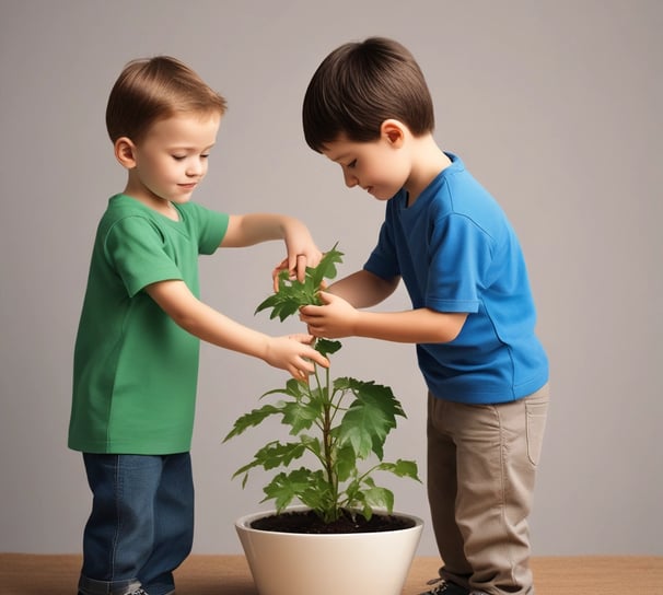 Several hands are holding various gardening and plant care products against a light background. These include a pink banner with bold red text, a bottle of plant spray, gardening tags, bottles of liquid fertilizer, and bags of plant soil labeled in German.