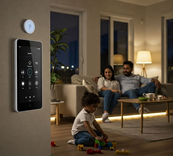 Familia disfrutando de un ambiente confortable en su salón inteligente