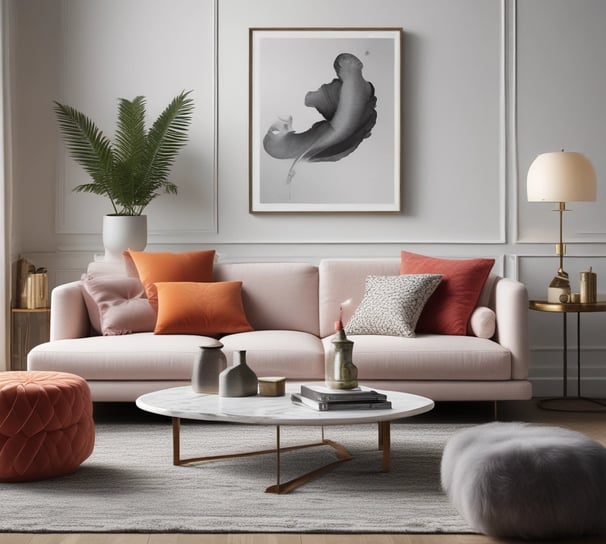 A stylish shop window displays plush furniture and accessories. A comfortable brown leather couch is adorned with fluffy white throws, creating a cozy atmosphere. On a wooden table nearby are soft, blue-hued slippers and a furry blanket. The background includes shelves showcasing a variety of items, illuminated softly by overhead lights.
