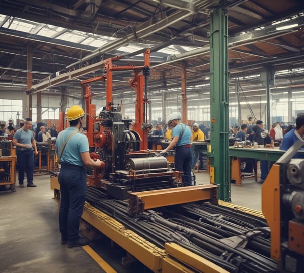 The image shows an industrial setting with a view through a large window. There is a control desk with computer monitors and various devices in the foreground. In the background, a factory floor with machinery, including a yellow robotic arm and various equipment, is visible. The space appears clean and organized, with box pallets stacked neatly.