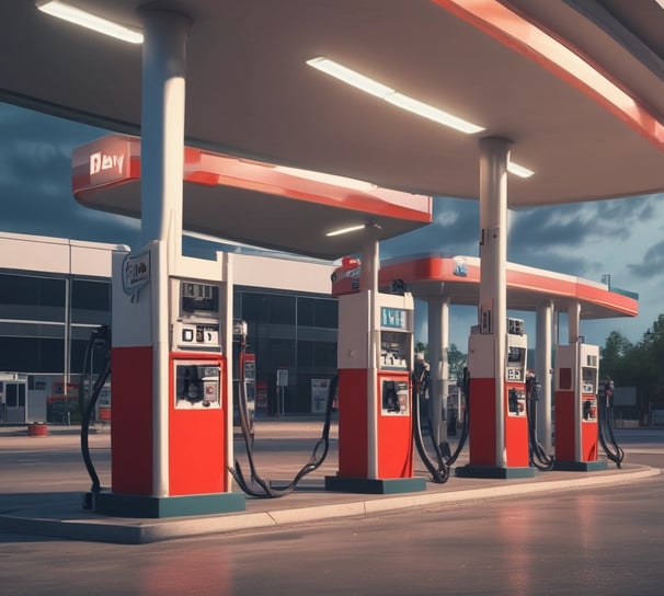 An industrial setting with multiple filling stations under a metal canopy. There are several pipes, valves, and ladders associated with each station. Traffic cones are placed strategically on the ground, and part of the background shows a ship in a dockyard with some cranes visible, indicating a port environment.