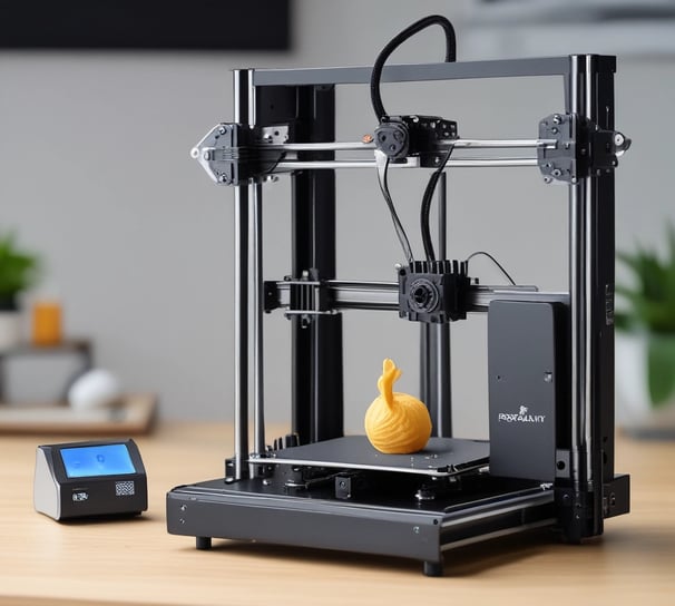 A workspace featuring a 3D printer and a tablet with a keyboard. The 3D printer, equipped with a spool of filament, is actively printing an object with orange components. Nearby, a tablet with a colorful screen is positioned on a cutting mat. The background includes shelves with various tools and supplies, indicating an organized and tech-oriented setting.